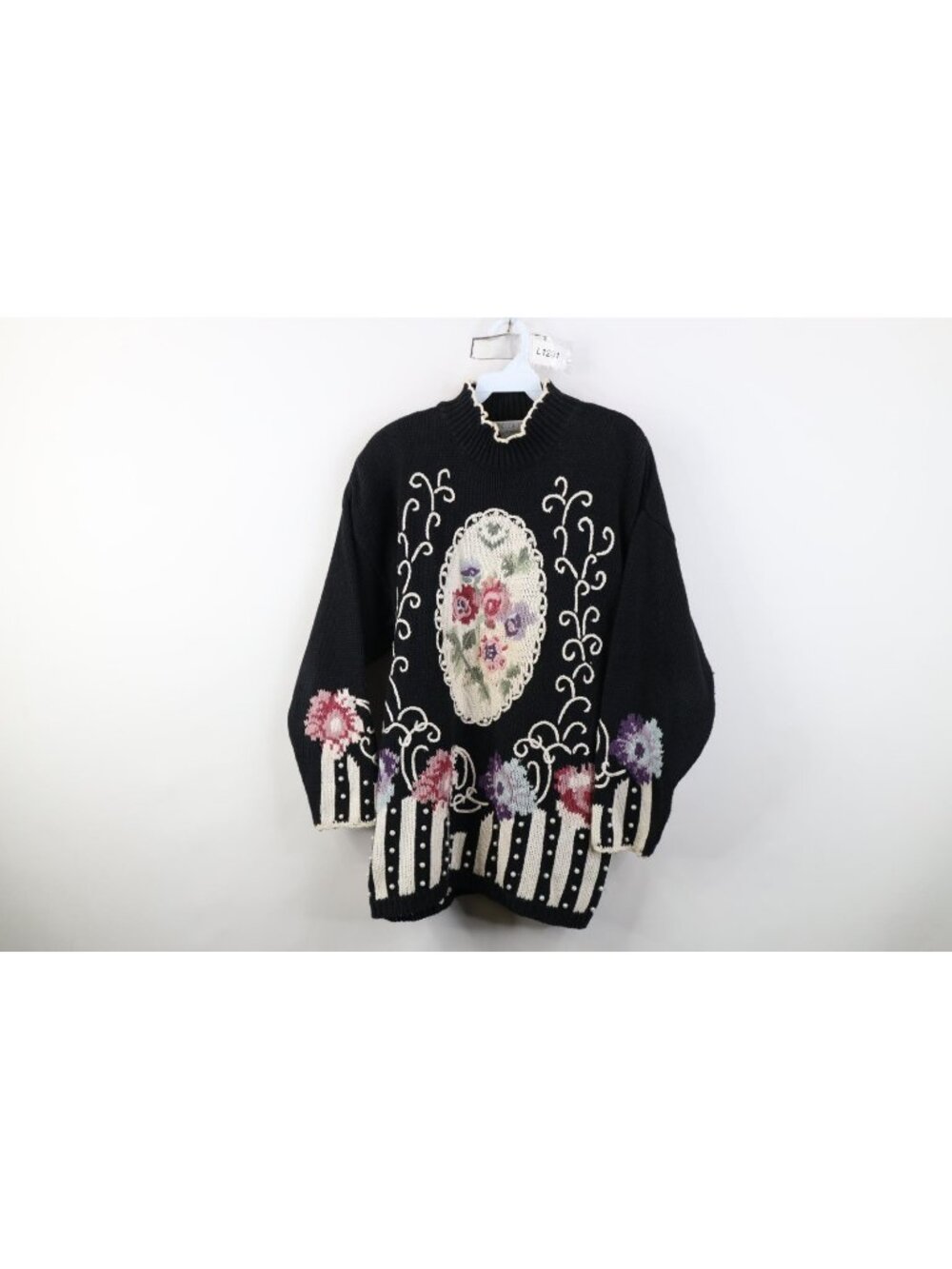 Vtg 90s Country Primitive Womens Large Embroidered Flower Beaded Knit Sweater